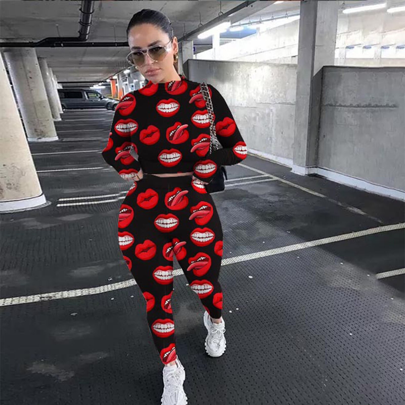 40# Full Lips Print Tracksuit Ladies Two Piece Set Women Sexy Suit Set Top Pants Sports Jogging Suit Outfits Pant Sets