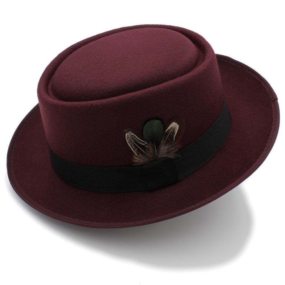 Women Men Autumn Felt Pork Pie Hat for Lad Crushable Hat Fedora Hat Walter Dad Winter Retro Fedora Hat: Wine red