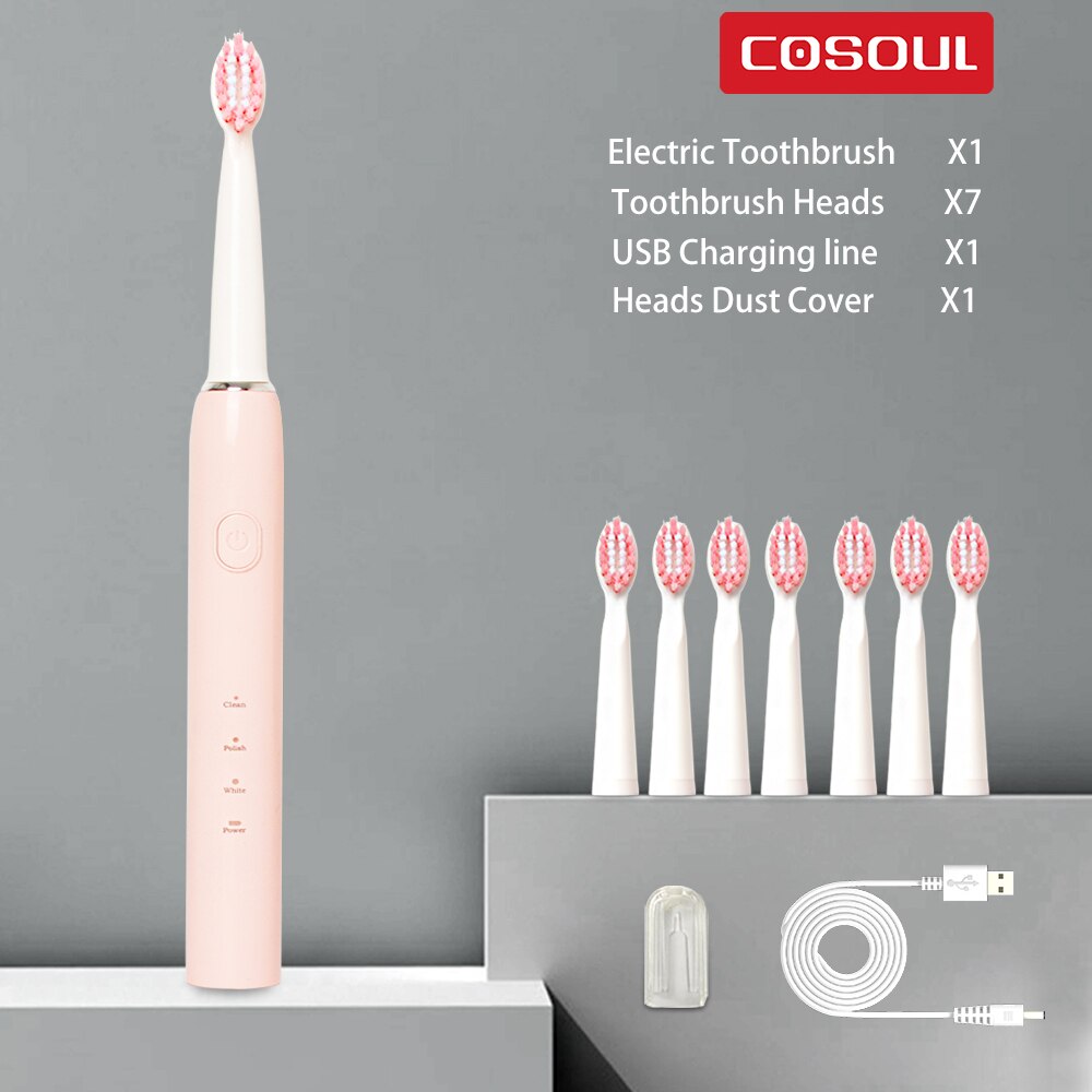 Sonic Electric Toothbrush 3 Modes Clean Whiten Dentist Recommended Care Teeth Automatic Tooth Brush USB Rechargeable Waterproof: Pink6heads