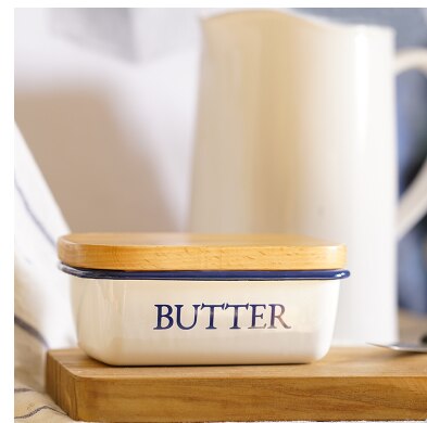 Caja de almacenamiento de alimentos, para cocina, plato de mantequilla, cubierta de madera rectangular, nevera con meseta de mantequilla: Blanco