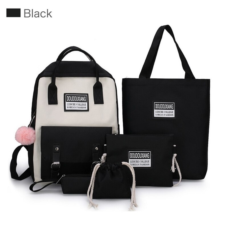 5 pçs/set mulheres mochila adolescente meninas corrente usb sacos de lona mochilas bolsa ombro feminino estudante sacos escola borla: 5pcs Black