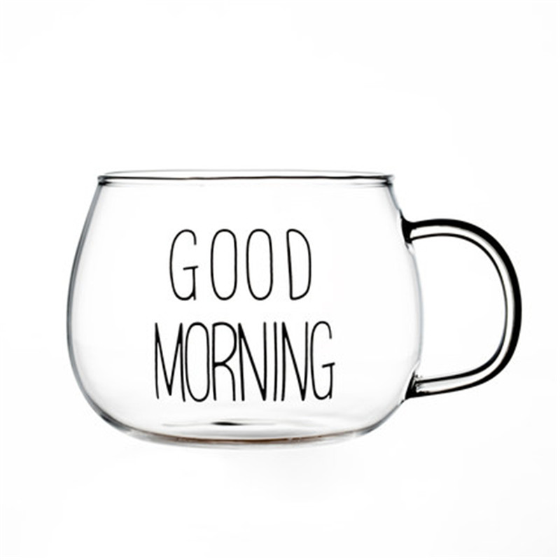 Letter Printed Transparent Glass Coffee Tea Drinks Dessert Breakfast Milk Cup Glass Mugs Handle Drinkware: Black
