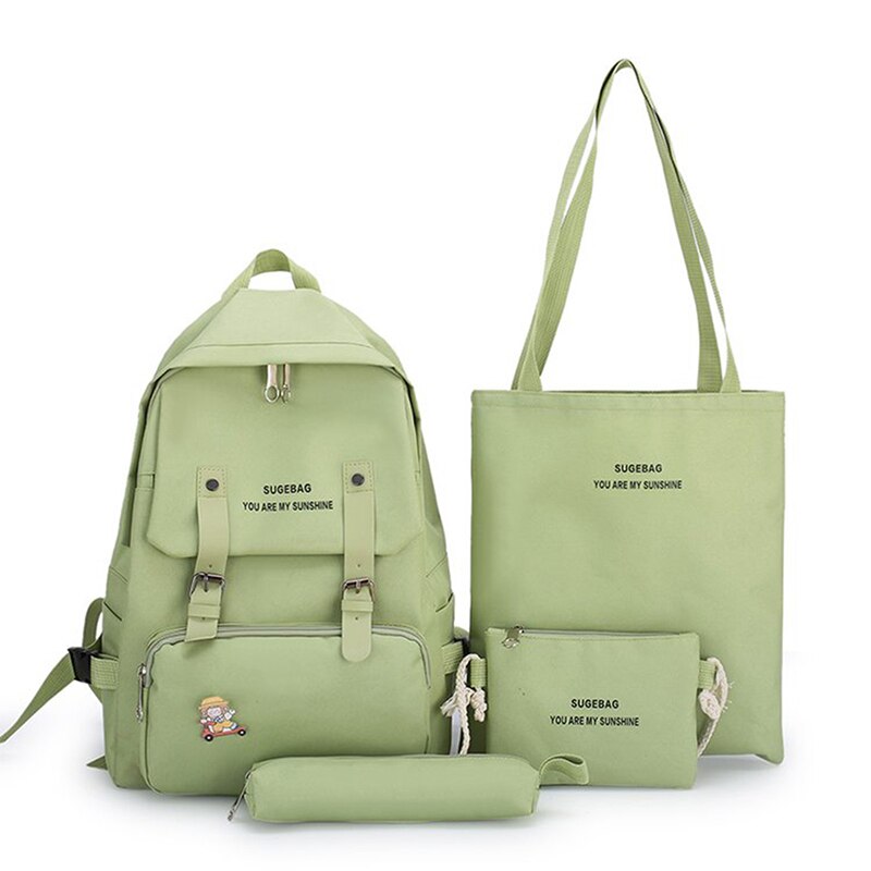 Canvas Female Book Bag Backpack 5pcs/set Schoolbag School Bag Travel Pack Tassel Women Teenage Teenagers Girl: Style 4 Green