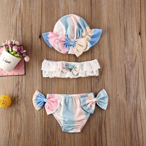 Canis 3 Pcs Baby Meisjes Boog Leuke Bloem Gedrukt Bikini Set + Hoed Badpak Bloemen Badmode Mooie Mode Strand Outfits: 2 / 18m