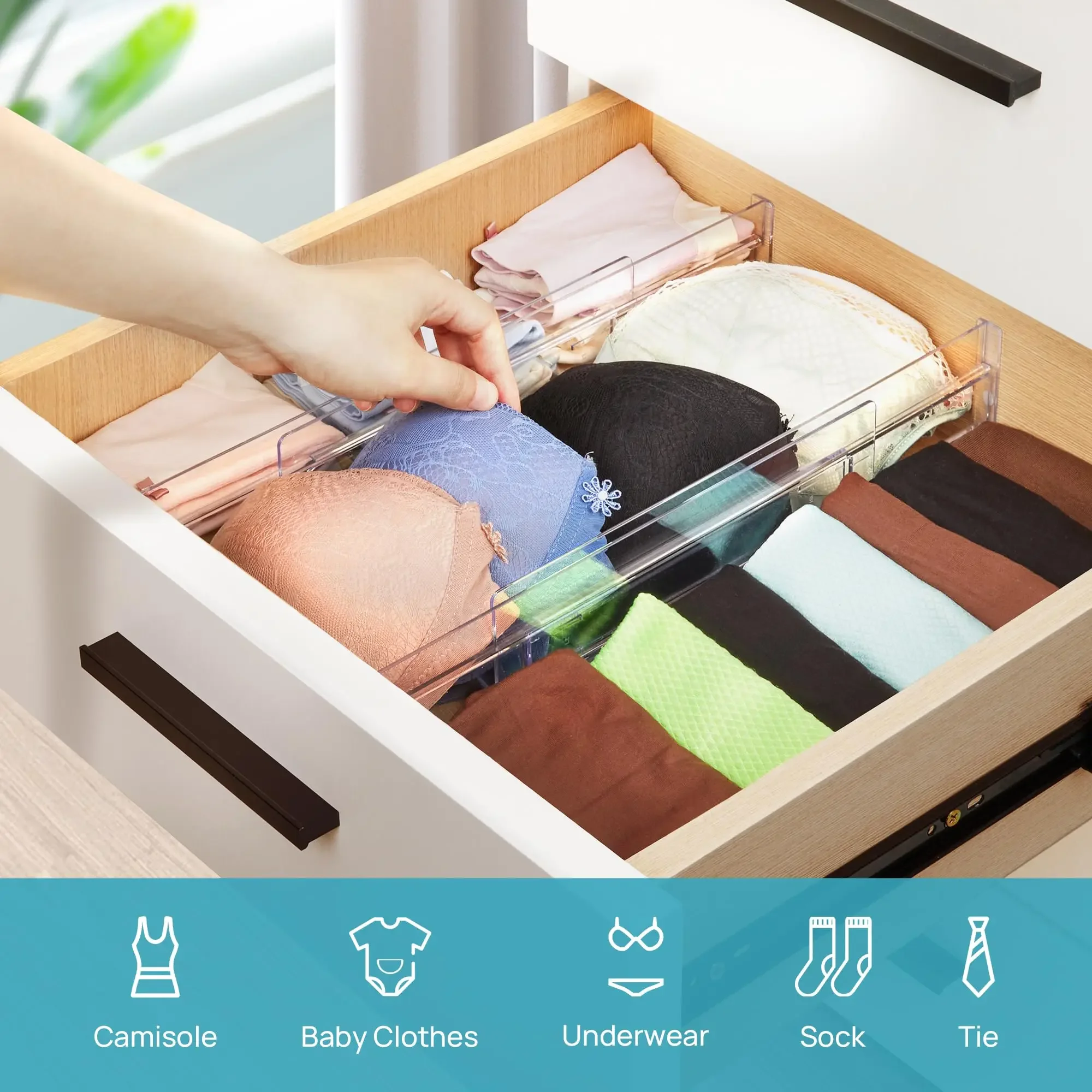 Separadores de cajones de plástico transparente para ropa, organizadores ajustables para almacenamiento de cajones de cocina, 8 paquetes