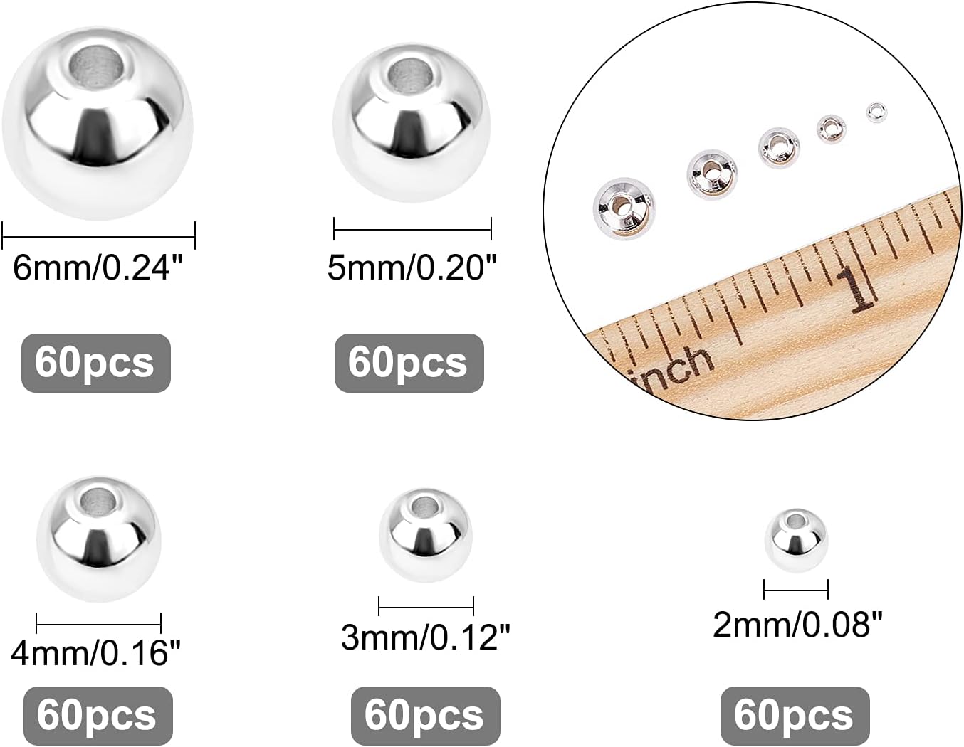 180 stk. 18k forgyldte perler , 3mm 4mm 6mm armbåndsperler glatte metalafstandsperler sømløse guldkugle messing små perler: Grå