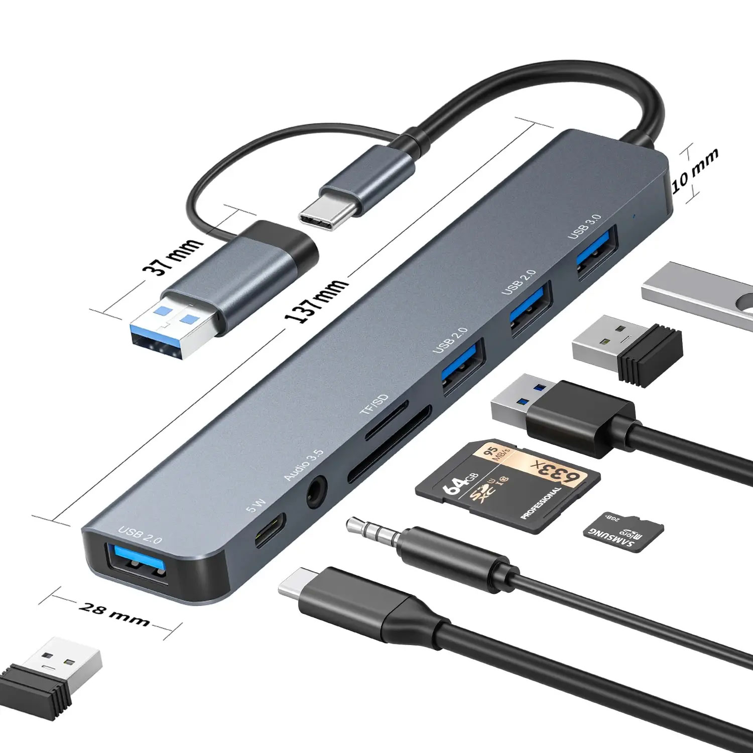 Airies USB 3.0 en aluminium 8 en 1, z 1 X USB 3.0, 3 X USB 2.0 i 1 X USB C, czytnik kart SD/TF, 3,5 mm, porty m.com