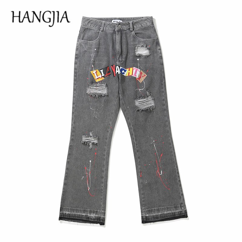 Pantalones vaqueros desgastados con estampado de salpicaduras para hombre y mujer, ropa de calle de retales de Hip Hop, corte de bota, lavado pesado, rasgados, ajustados