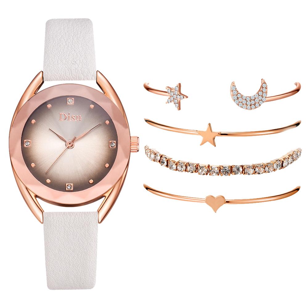 Set leren horlogebanden voor dames, casual dameshorloge met gradiënt wijzerplaat en armbandhorlogeset