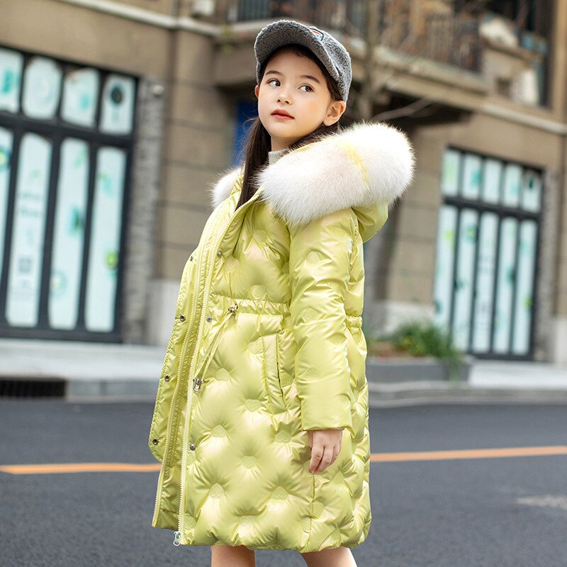bright color thick down jacket winter jackets girls russian winter coats two-way zipper love embroidery pattern super fur collar: Yellow / 5