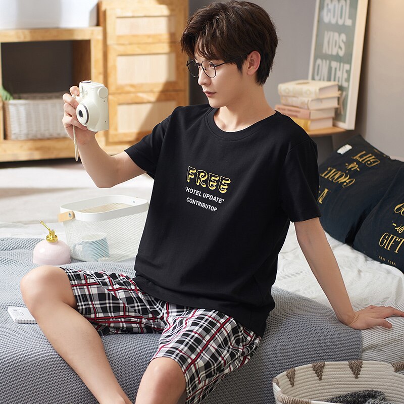 Men's Sleepwear 100% Cotton Pijama Hombre Summer Short Sleeve T-Shirts Plaid Shorts With Pockts Pajamas For Men Pyjama PJS