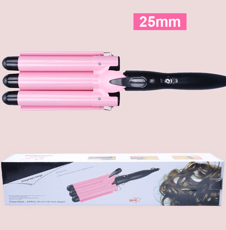 Pro 25-32m Automatic Perm Splint Ceramic Hair Curler Triple Barrels Big Wave Hair Curling Iron Hair Waver Curlers Styling Tools: Pink 25mm