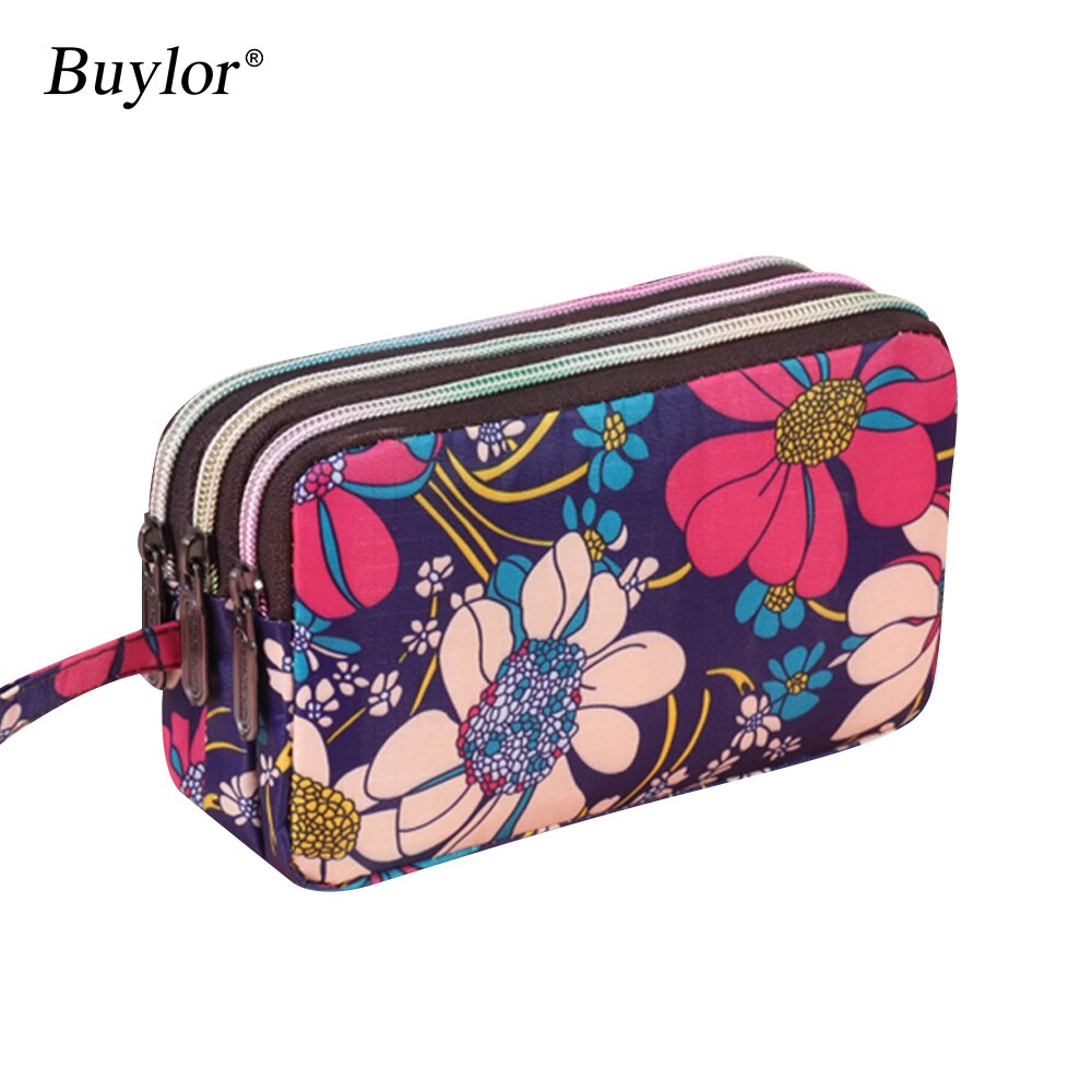 Buylor damesportemonnee met 3 ritsen voor dames, polyester handtas, waterdichte portemonnee, mobiele telefoonhoes, creditcardhouder: Blauwe bloem