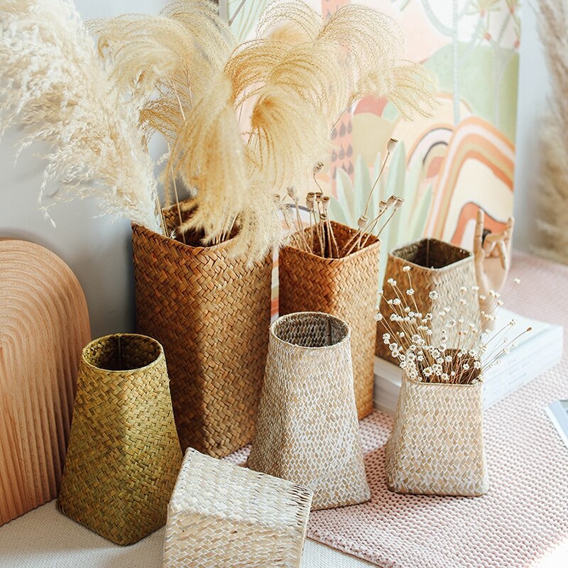 Florero tejido de paja tejido a mano, jarrones de flores secas para boda, banquete, , Decoración de mesa, cesta de almacenamiento de escritorio para el hogar
