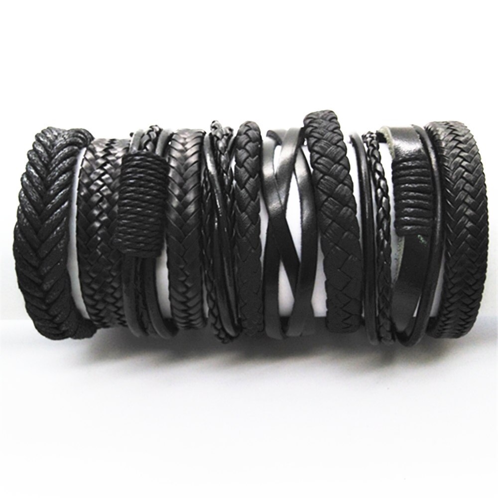 Nero 10 pz/set Marrone Tessuto Nuovo di Modo Fatti A Mano Degli Uomini Dei Braccialetti Delle Donne di Sesso Maschile Braccialetto di Cuoio Albero Braccialetti Commercio All&#39;ingrosso Dei Monili del Regalo