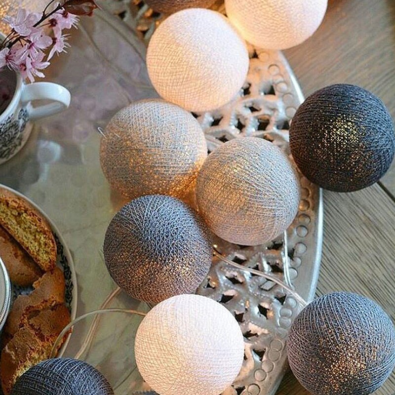 Guirlande string lys 20 led bomuld kugle fe belysnings strenge til julefest bryllup romantiske dekorationer lys: Grå / Med batteri