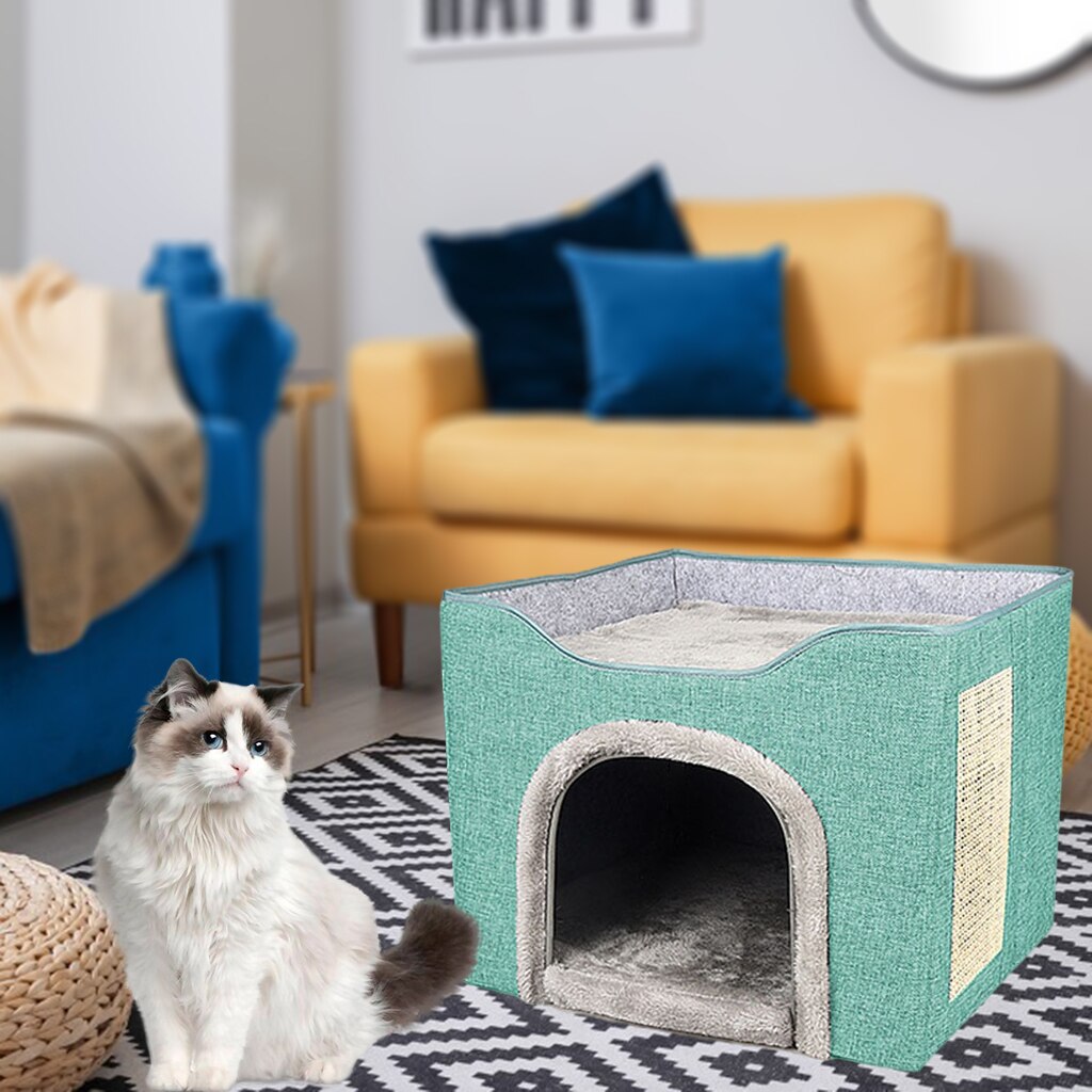 Lit pour chat pliable, résistant aux rayures, cachette pour chaton, grande grotte d&#39;hiver pliable pour chiot et chat d&#39;intérieur: Green