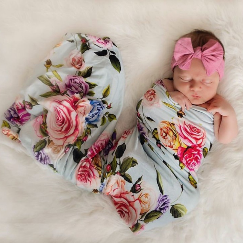 Nyfødt baby modtager tæpper blød blomst udskrivning indpakning spædbarn indpakning og pandebånd sæt