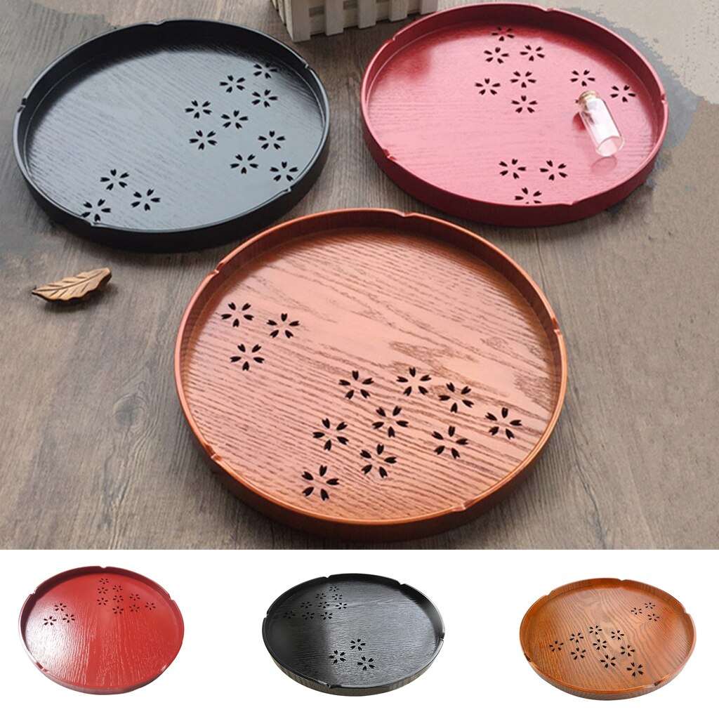 6 Types Serving Tray Wooden Tray Japanese Style Tea Home Hotel Guest Room Dish Round Wood Trays with Hollowed-out Cherry Blossom