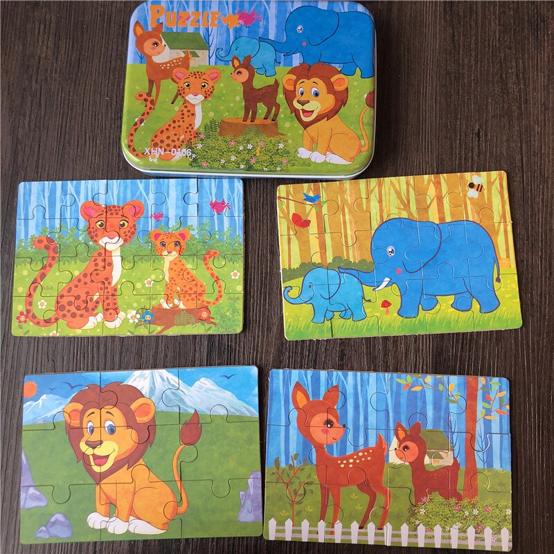 4 In 1 Puzzles 9/12/15/20Pcs Puzzles/Set With Iron Box Wooden Toys For Kids Educational Baby Toys Learning: Lion