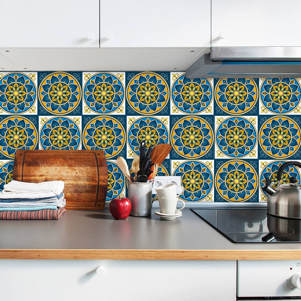 10pcs/lot Colorful Mandala Style Hard Tiles Wall Sticker Kitchen Backsplash Bathroom Art Mural Waterproof & Oil-proof Wallpaper