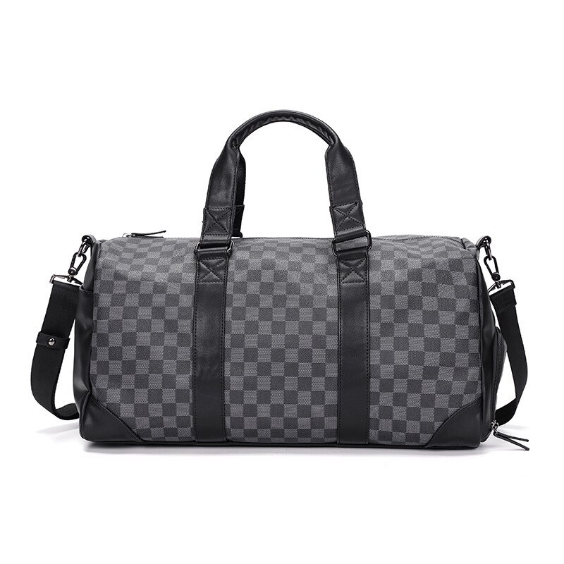 Bolsos de viaje a cuadros para hombre y mujer, bolsas de viaje de cuero Pu, versátil, de gran capacidad, para deporte, Fitness, para viaje de negocios, color negro