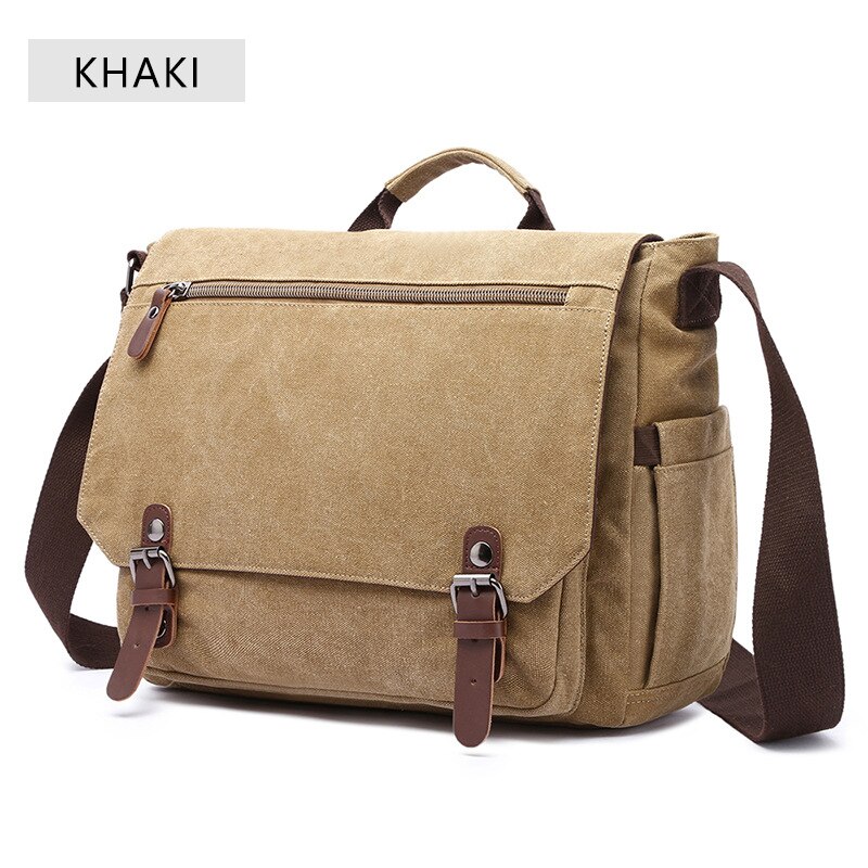 Retro Canvas Multifunction Messenger Shoulder Bag Solid Briefcases Suitcase Card Pocket For Men Women Outdoor Office Bag XA288ZC: Khaki