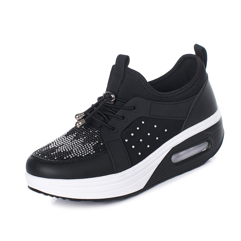 Swing Toning Shoes Women Weight Loss Air Cushion Fitness Shoes Ladies Breathable Lace Up Sport Wedge Slimming Sneakers: Black / 35