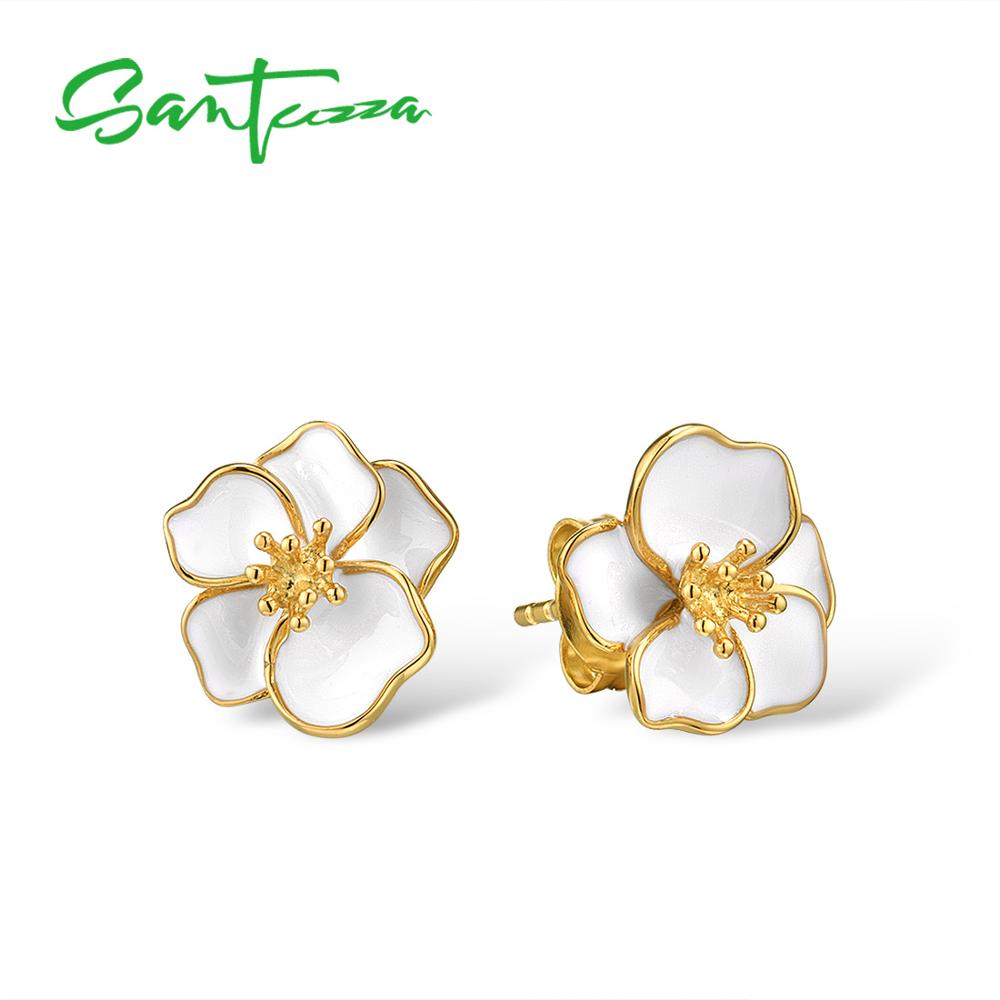 SANTUZZA Jewelry Set for Women 925 Sterling Silver White Orchid Flower Pendant Earrings Ring Set Fine Jewelry Handmade Enamel