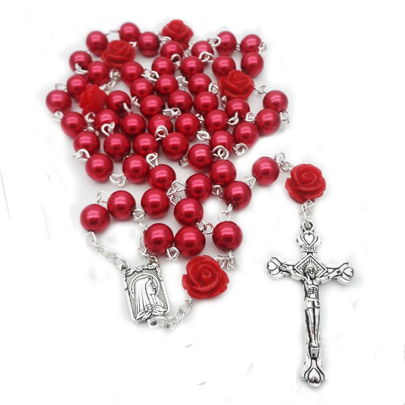 6 stili 6mm croce rosario collana imitazione perla fiore rosa vergine maria ciondolo gioielli religiosi cattolici regalo per le signore: Style4-Red