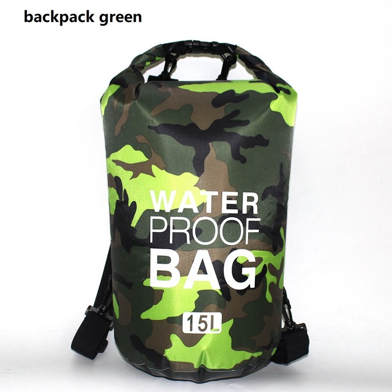 5L 10L 15L 20L 30L PVC Waterproof Swimming Dry Bag Camo Outdoor Foldable Men Women Beach Diving Bag Rafting River Ocean backpack: 15L green