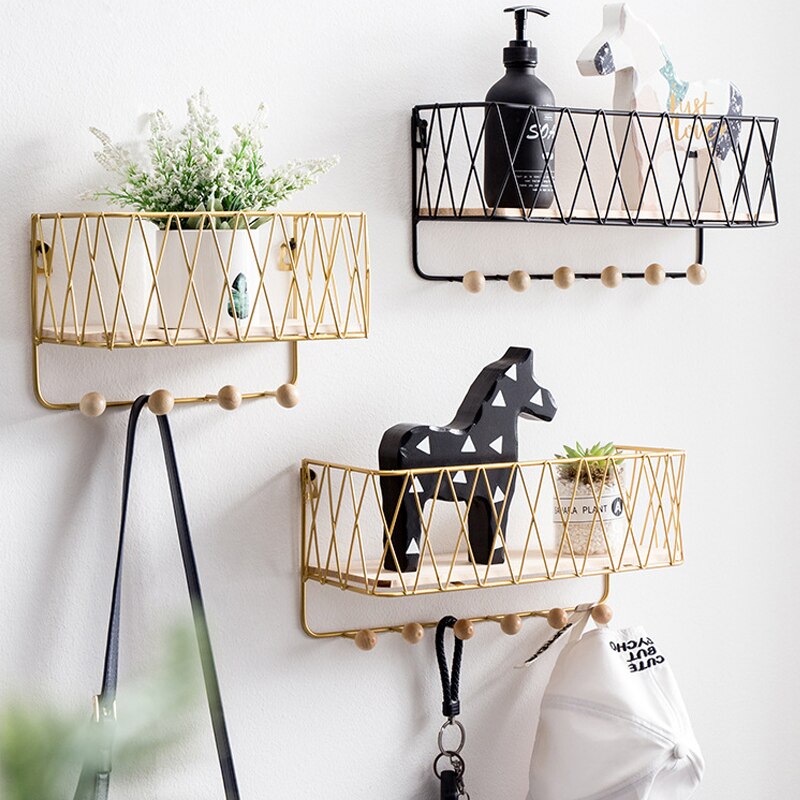 Key Holder Mail Rack Entryway Shelf Simple Nordic Wrought Iron Grid Wall Mount Storage Rack Hooks Key Sorter Organizer