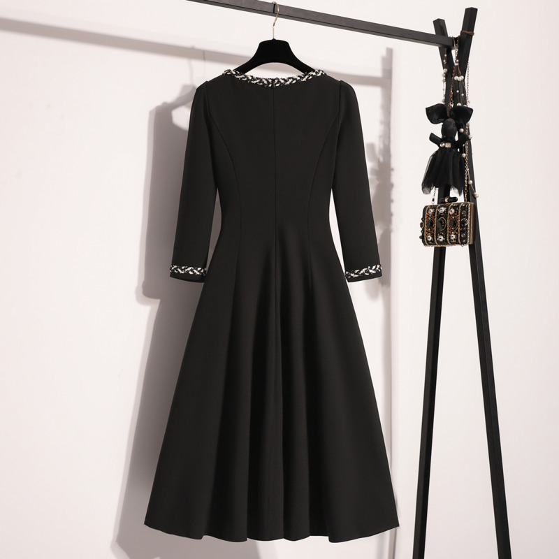 Efterårs fransk retro hepburn sorte kjoler til kvinder firkantet krave højtaljede a-linje midikjoler kontordamer vestidos