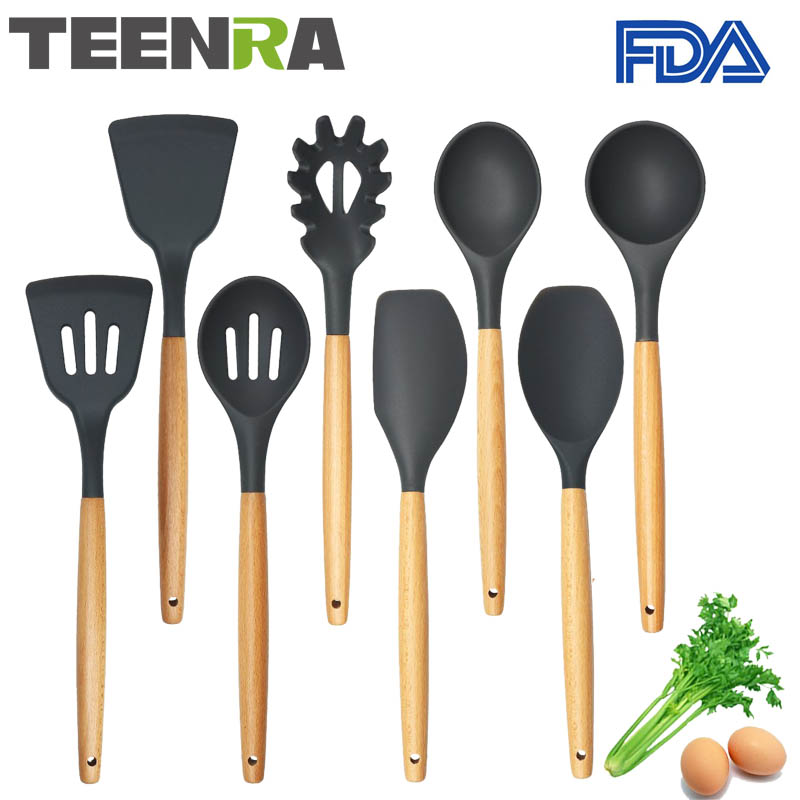 TEENRA 8Pcs Food grade Silicone Kitchen Utensils Set Non-stick Cooking Tools Silicone Utensil Set Spatula ladle Slotted Turner