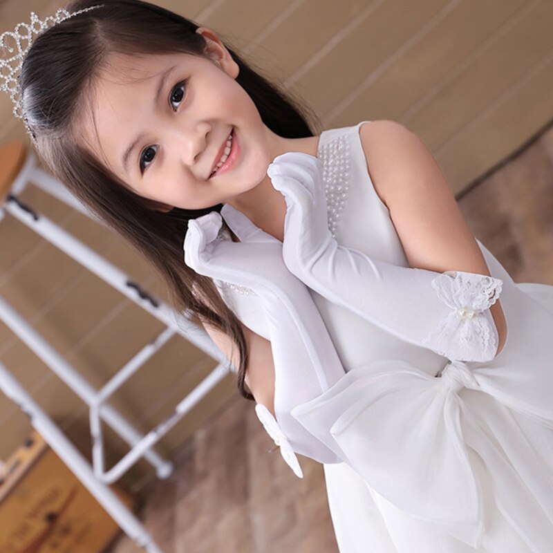 Guantes largos de princesa para niña, manoplas de boda para nocturna, guante para niño, guantes de rendimiento con lazo de encaje de perlas para cumpleaños