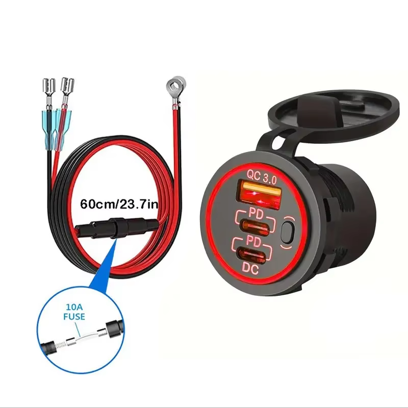 Enchufe de cargador de coche USB de 12V, doble puerto de 30W PD USB-C USB-C y 18W QC3.0, accesorios de cargador de coche para coche, RV, barco, camión marino y motocicleta: Gris