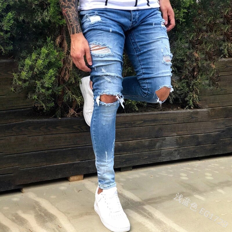 Wepbel lynlås stramme denimbukser plus størrelse huller jeans mænd capri-bukser benåbning midt talje pencil denimbukser: Lyseblå / S