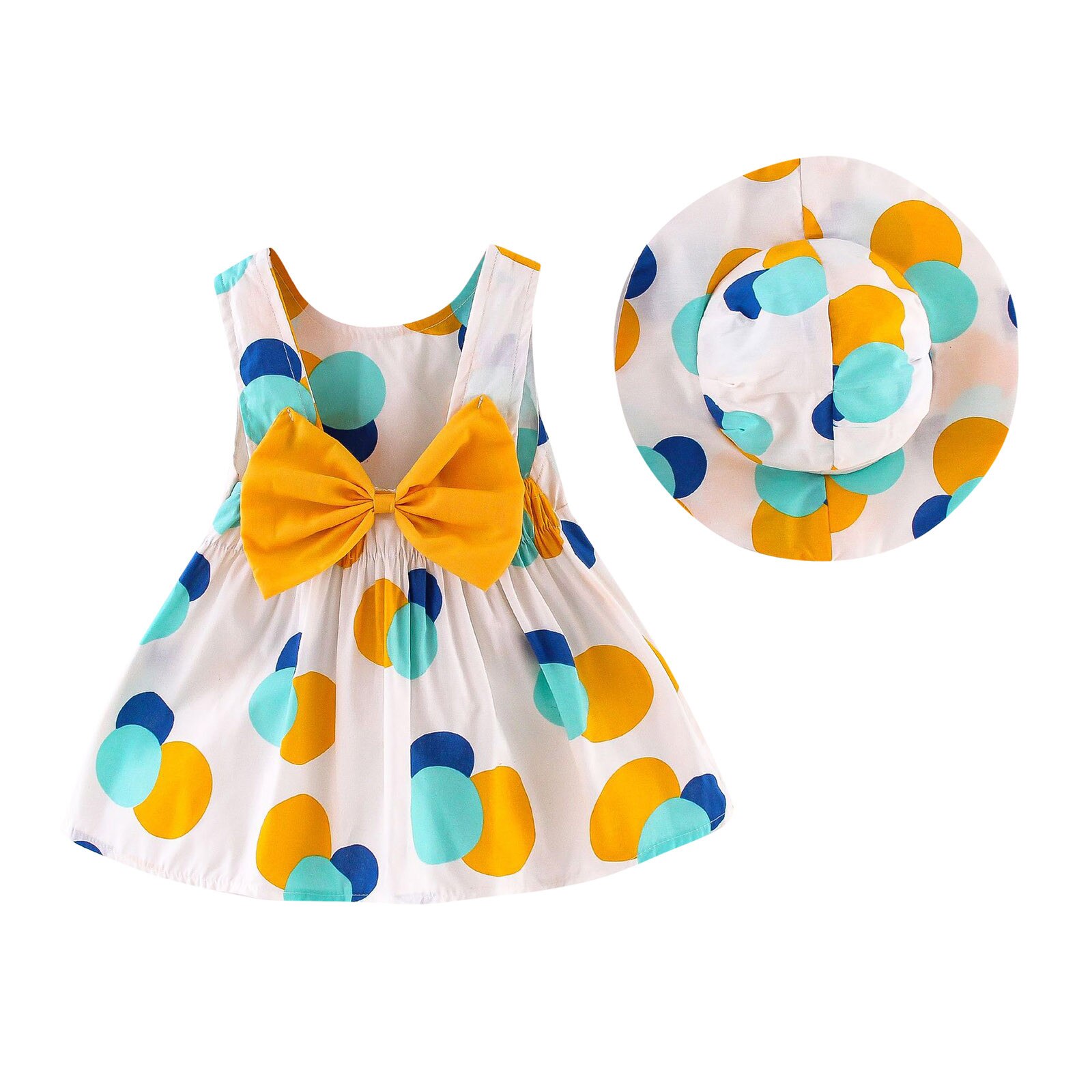 Peuter Meisjes Strik Jurk + Strooien Hoed Jurk Zomer Polka Dot Print Baby Kids Mouwloze Meisje Verjaardag Partyprincess Jurk Hoed