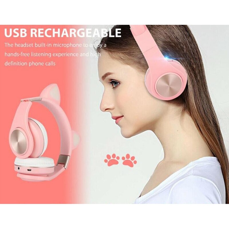 Bluetooth Headphones, Cat Ear LED Light Up Wireless Foldable Headphones over Ear for Smartphones/Laptop/PC/TV
