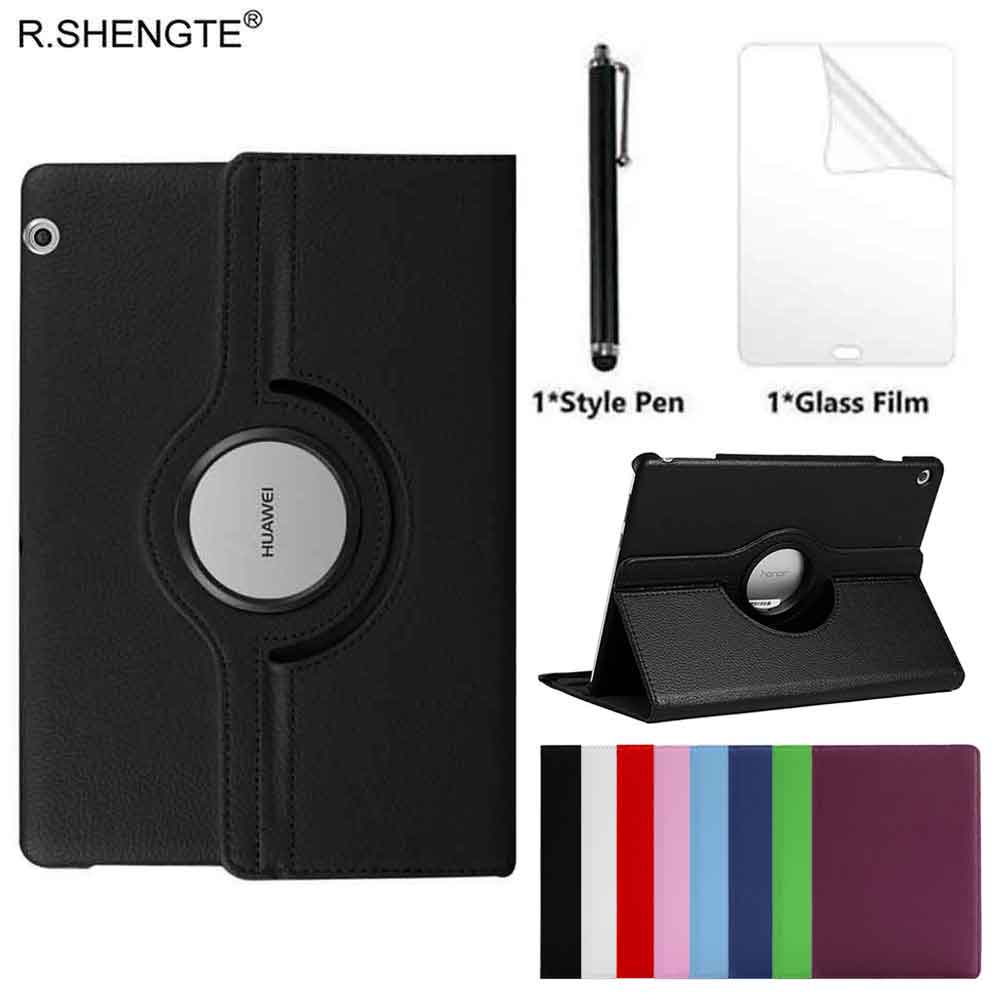 Voor huawei mediapad  t5 10 hoes ags 2-w09/l09/l03 10.1 '' tablet 360 draaibare lederen standaard hoes met stylus pen + film