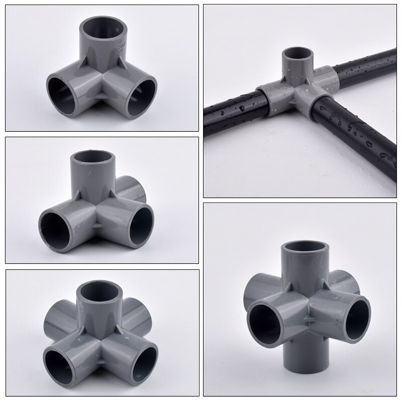 1Pc 20~50mm Grey PVC Pipe Connector 3/4/5/6-Ways Three Dimensional Joint, Aquarium Garden Watering Irrigation Water Tube Joint