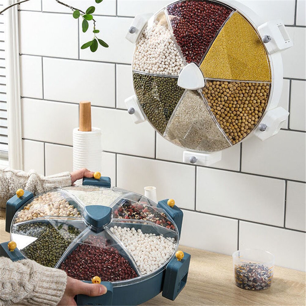 8.5L Large Rotate Storage Containers Cereals Dry Food Rice Dispenser Holder Plastic Divided Cells Wall Mounted Kitchen Organizer