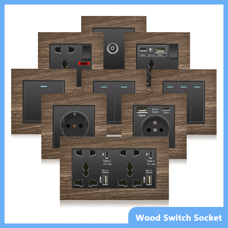 Interrupteur d'éclairage mural rétro grain de bois, prise de courant murale rapide de Type C 18W 220V, prise électrique européenne EU FR avec chargeur USB