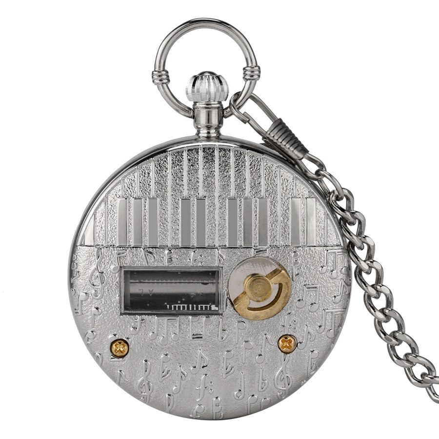 Reloj de bolsillo con movimiento Musical de plata de lujo, pulsera de mano de cuarzo con manivela para reproducir música, Fob, cadena colgante, de Año