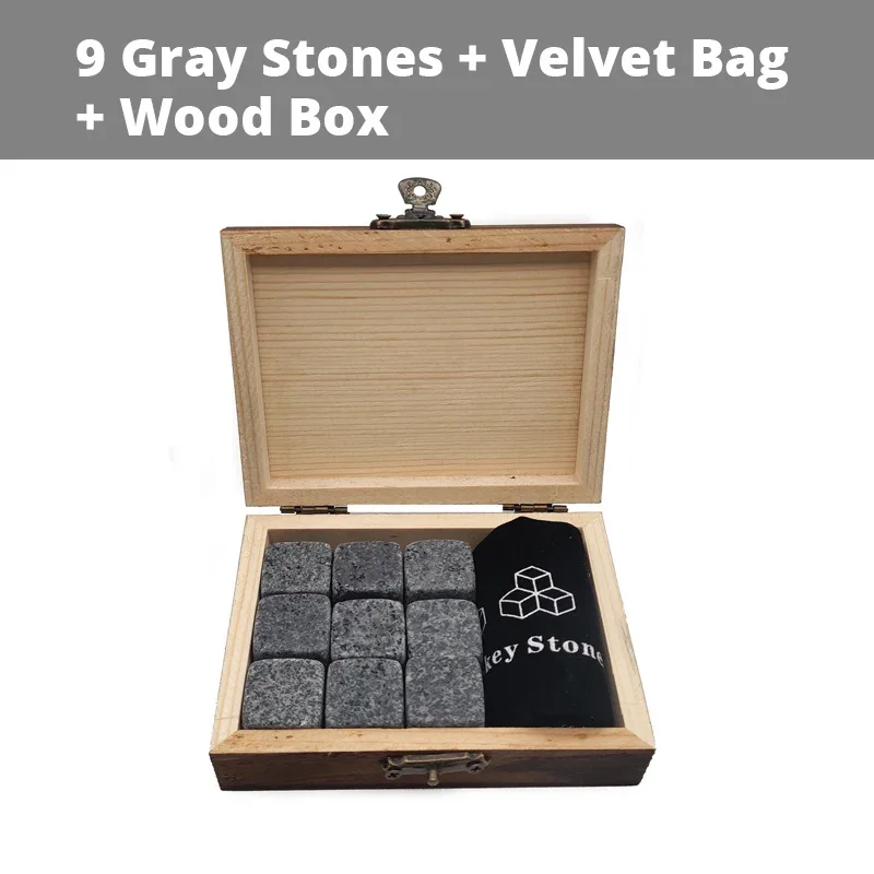 Home Bar Barware Whiskey Ice Wine Stone Sets 9pcs Granite Marble Iced Drink Stone Reusable Cooling Ice Cube with Wooden Box: black