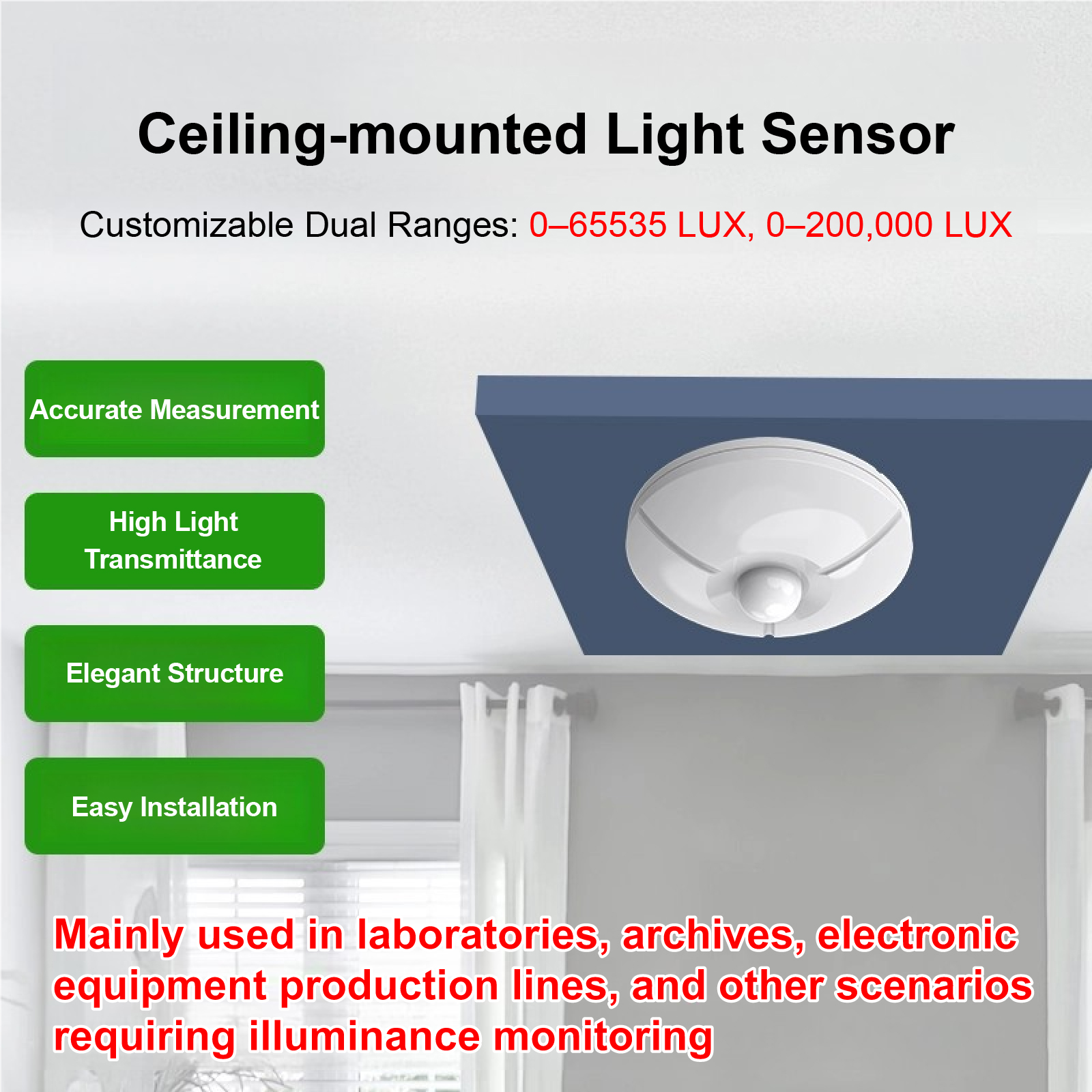Ceiling Mounted Ambient Light Sensor High Accuracy Lux Meter with Temperature and Humidity for Environmental Monitoring