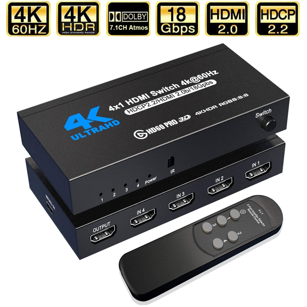2022 Best 4K HDMI Switch 2.0 Support RGB 4:4:4 HDR HDMI Switch 4K 60Hz HDMI 2.0 Switch Remote IR UHD 4 Port HDMI Switch Switcher
