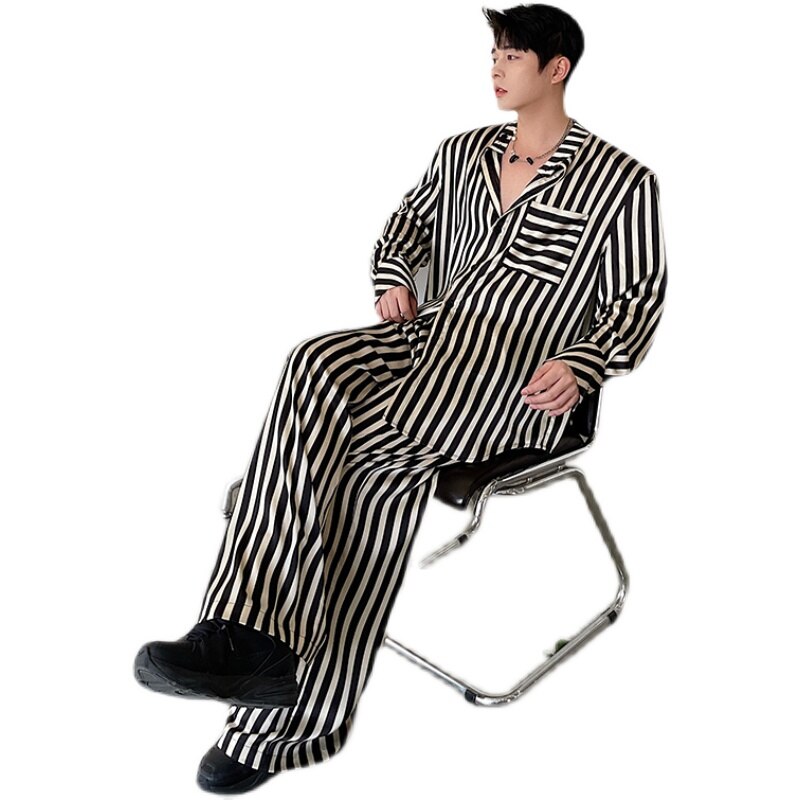 Conjuntos de ropa a rayas de estilo satinado para hombre, camisa informal holgada de manga larga, pantalones, ropa de calle Vintage, camisas de vestir para , pantalón