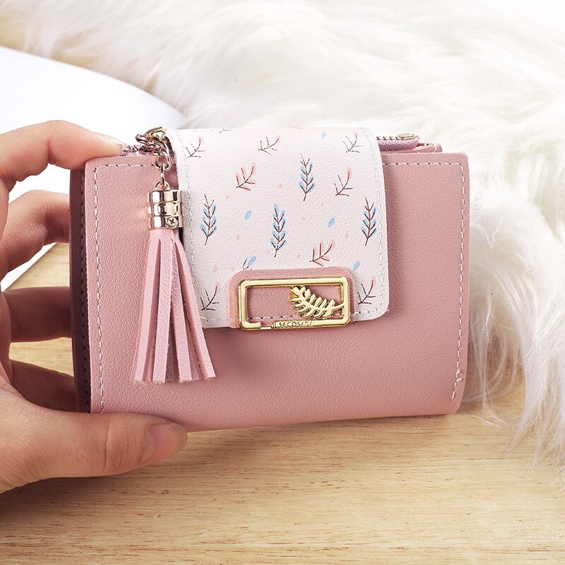 Kwasten Korte Portemonnee Tas Voor Vrouwen Pu Lederen Clutch Tassen Leuke Koreaanse Kaarthouder Vrouwelijke Vouwen Kleine Portemonnee bolsas: pink