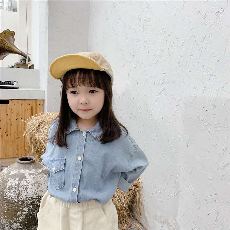 Børns efterårsprodukter piger koreansk denim langærmet skjorte